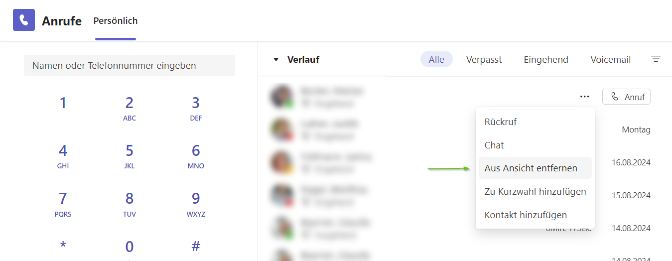 Der Screenshot zeigt, wie einzelne Anrufe aus der Microsoft Teams Anrufhistorie entfernt werden können: Neben dem letzten Anruf auf die drei Punkte klicken und anschließend 'Aus Ansicht entfernen' auswählen.