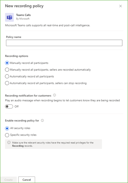 Screenshot der Microsoft KI aus Dynamics Sales zur Aufzeichnungs-Regelung: Zum Beispiel ob alle Teilnehmer aufgezeichnet werden sollen.