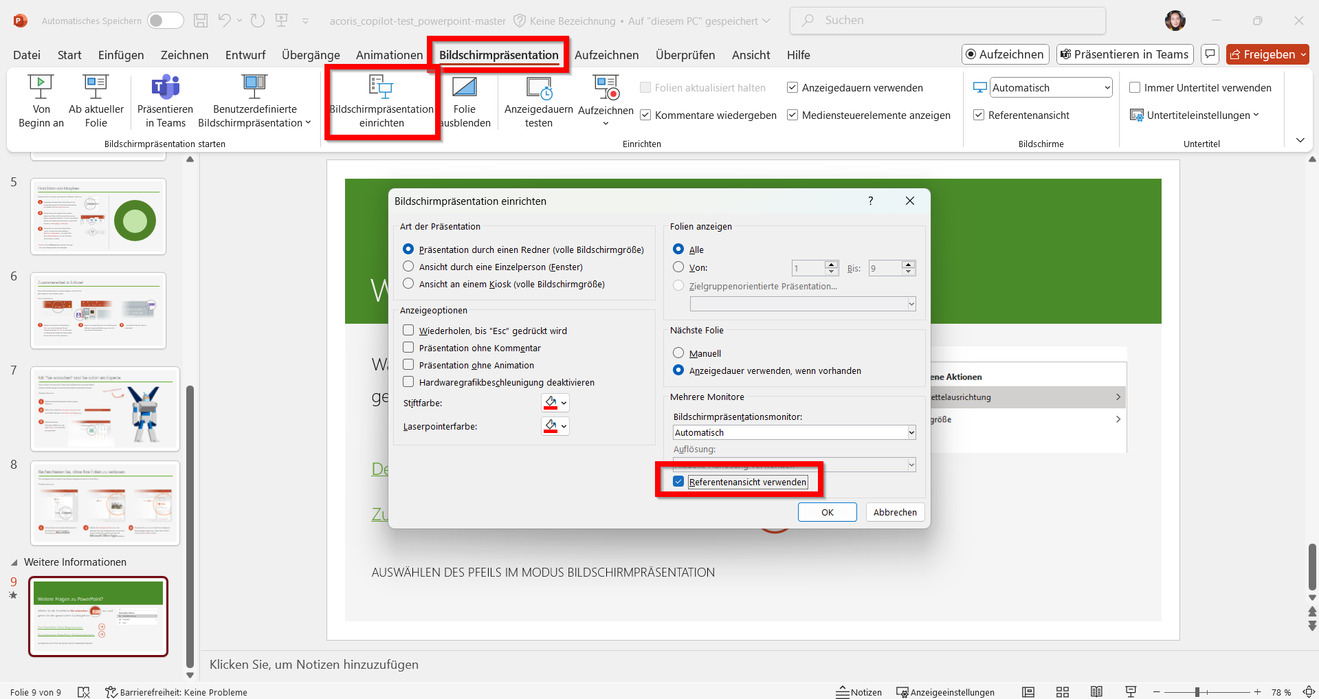 Screenshot: in PowerPoint Referentenansicht aktivieren