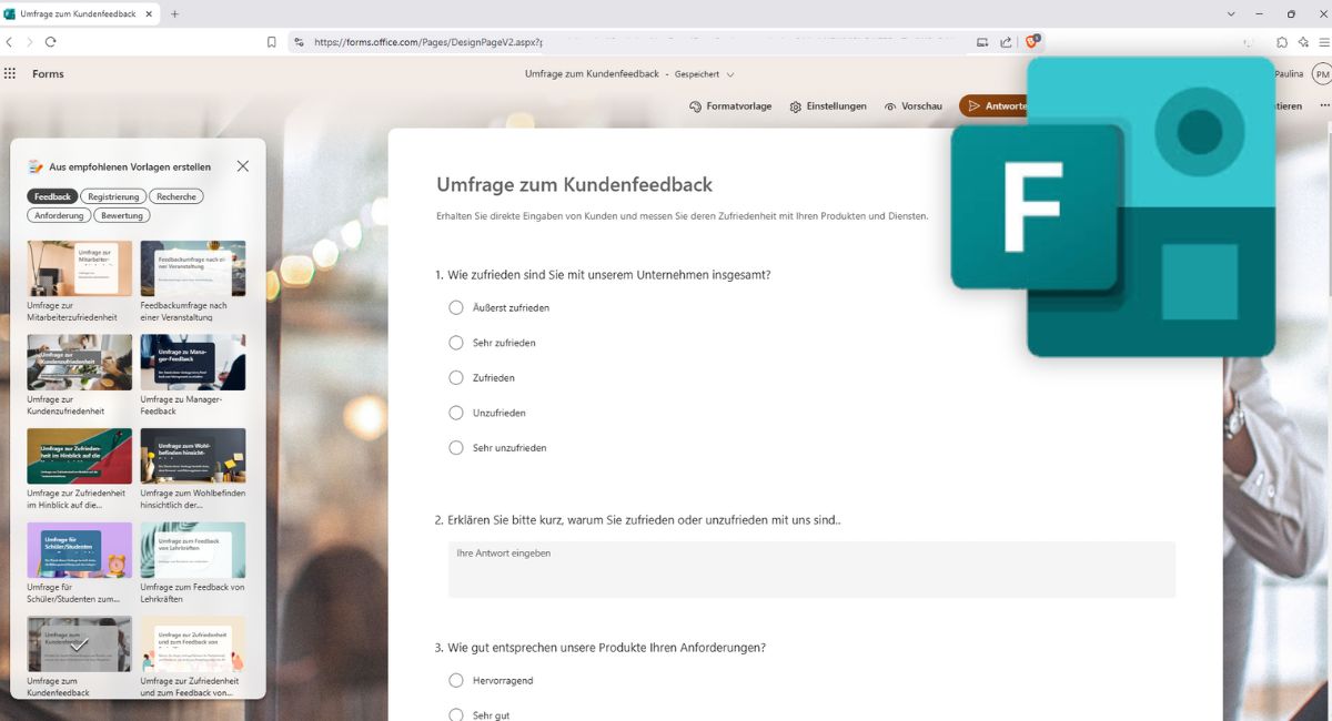 Auf dem Screenshot ist eine Microsoft Forms Umfrage in Firm von Kundenfeedback zu sehen.